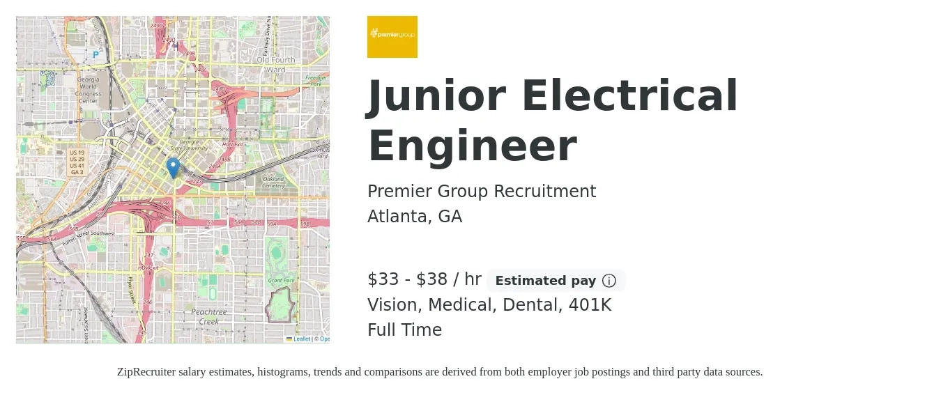 Premier Group Recruitment job posting for a Junior Electrical Engineer in Atlanta, GA with a salary of $35 to $40 Hourly and benefits including vision, 401k, dental, life_insurance, and medical with a map of Atlanta location.