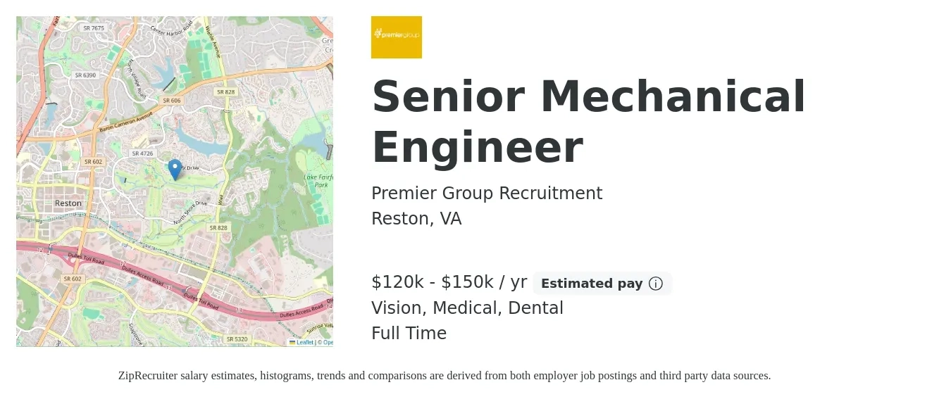 Premier Group Recruitment job posting for a Senior Mechanical Engineer in Reston, VA with a salary of $120,000 to $150,000 Yearly and benefits including dental, life_insurance, medical, retirement, and vision with a map of Reston location.