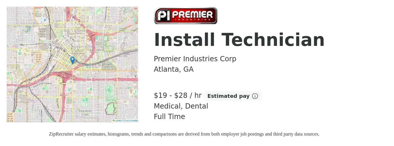 Premier Industries Corp job posting for a Install Technician in Atlanta, GA with a salary of $20 to $30 Hourly and benefits including dental, and medical with a map of Atlanta location.