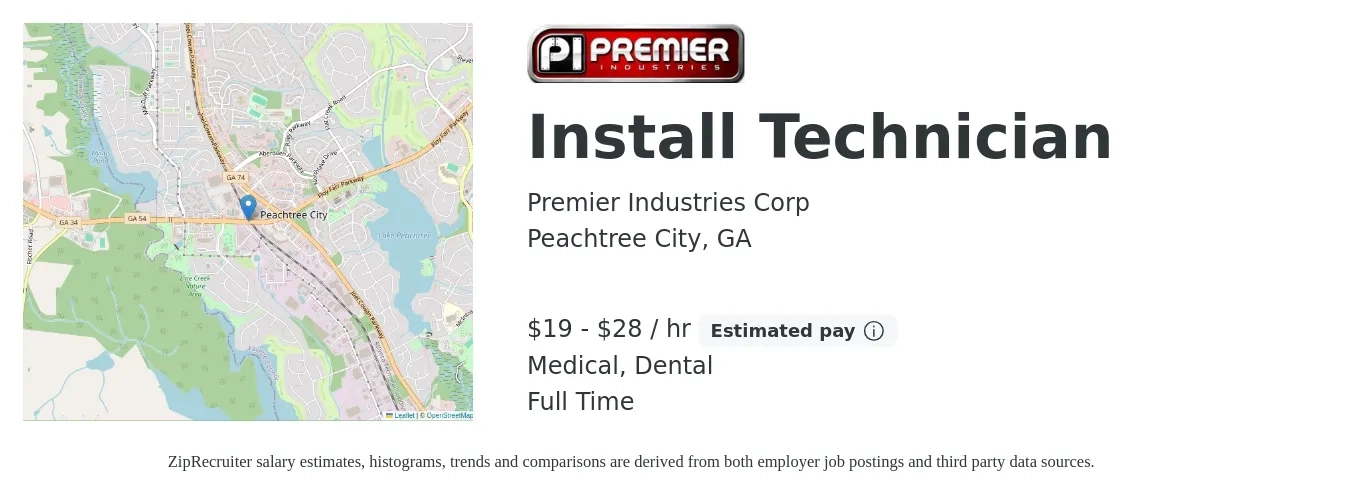 Premier Industries Corp job posting for a Install Technician in Peachtree City, GA with a salary of $20 to $30 Hourly and benefits including dental, and medical with a map of Peachtree City location.