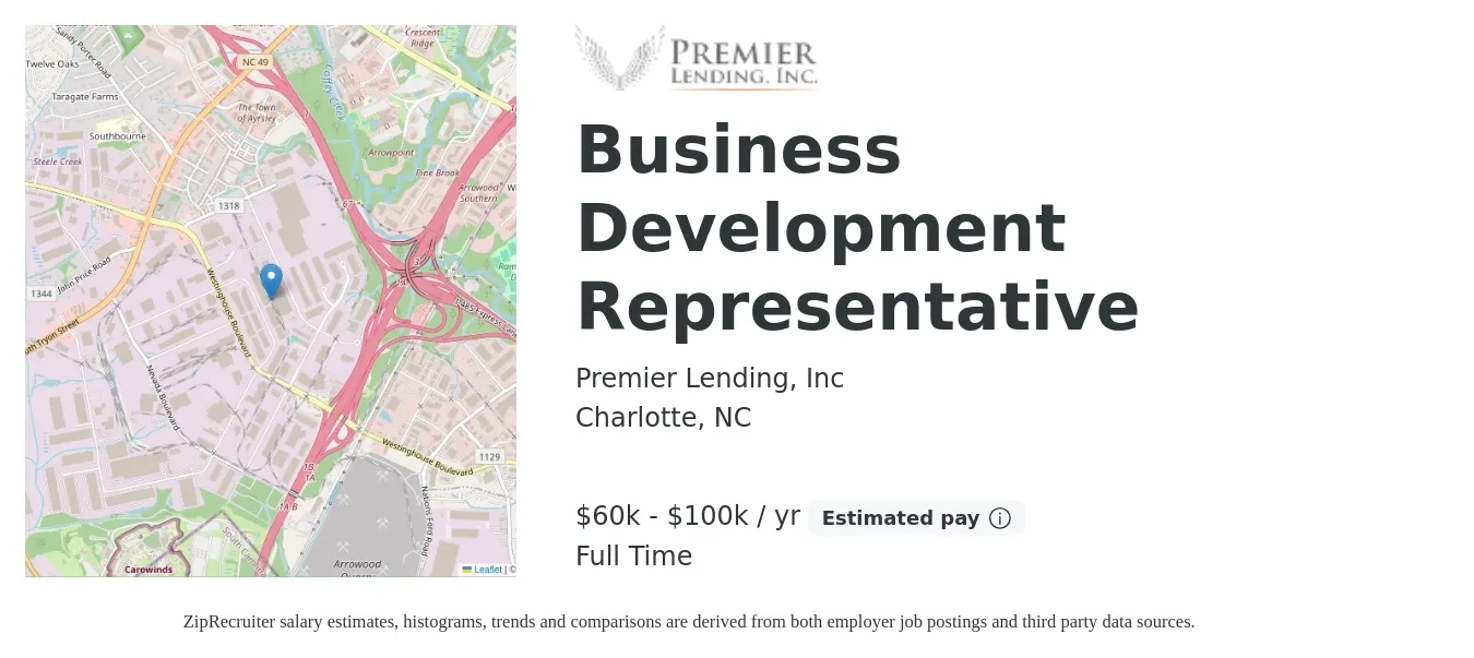 Premier Lending, Inc job posting for a Business Development Representative in Charlotte, NC with a salary of $60,000 to $100,000 Yearly with a map of Charlotte location.