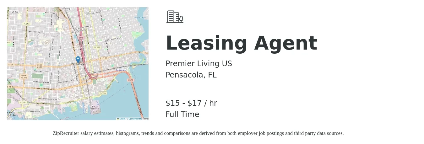 Premier Living US job posting for a Leasing Agent in Pensacola, FL with a salary of $16 to $18 Hourly with a map of Pensacola location.