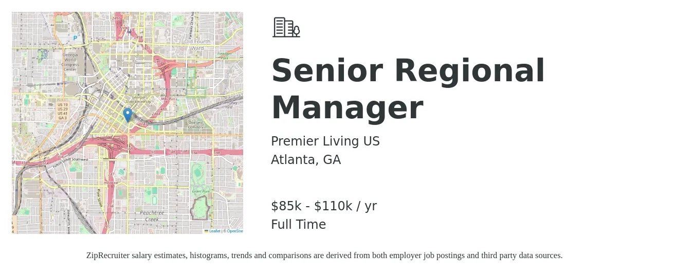 Premier Living US job posting for a Senior Regional Manager in Atlanta, GA with a salary of $85,000 to $110,000 Yearly with a map of Atlanta location.