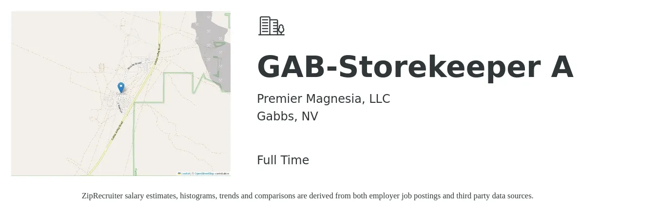 Premier Magnesia, LLC job posting for a GAB-Storekeeper A in Gabbs, NV with a salary of $14 to $19 Hourly with a map of Gabbs location.