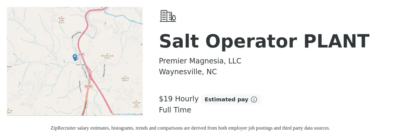 Premier Magnesia, LLC job posting for a Salt Operator PLANT in Waynesville, NC with a salary of $16 to $24 Hourly with a map of Waynesville location.