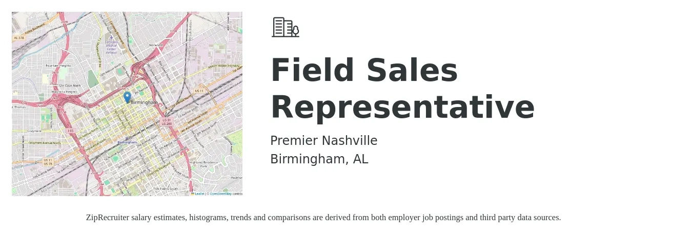 Premier Nashville job posting for a Field Sales Representative in Birmingham, AL with a salary of $19 to $26 Hourly with a map of Birmingham location.