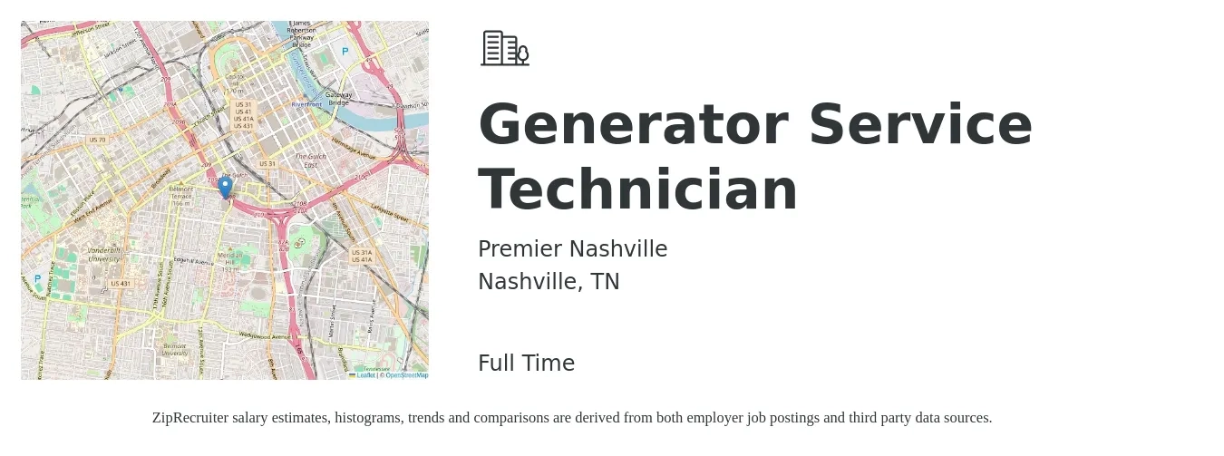 Premier Nashville job posting for a Generator Service Technician in Nashville, TN with a salary of $22 to $36 Hourly with a map of Nashville location.