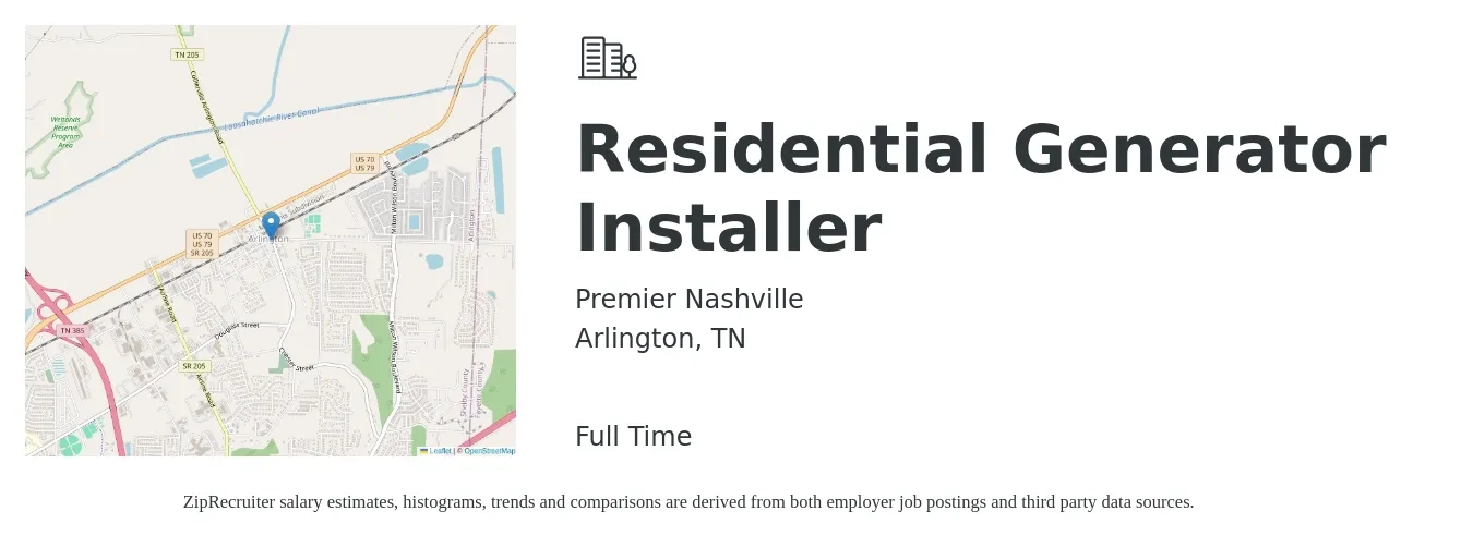 Premier Nashville job posting for a Residential Generator Installer in Arlington, TN with a salary of $20 to $33 Hourly with a map of Arlington location.
