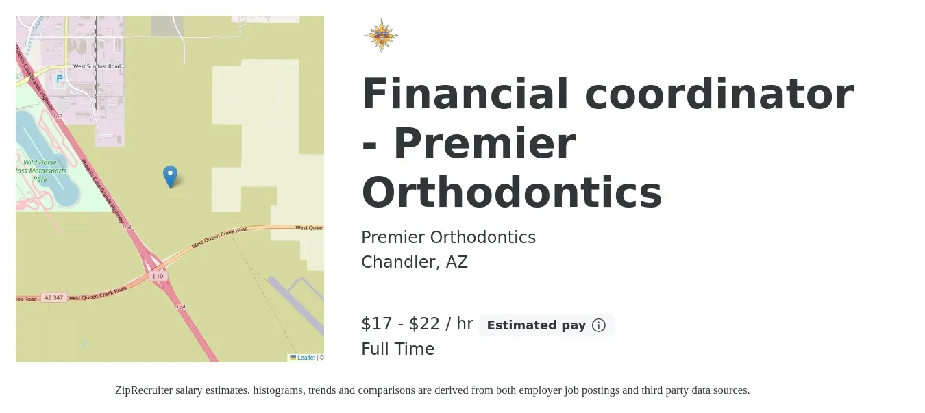 Premier Orthodontics job posting for a Financial coordinator - Premier Orthodontics in Chandler, AZ with a salary of $18 to $23 Hourly with a map of Chandler location.