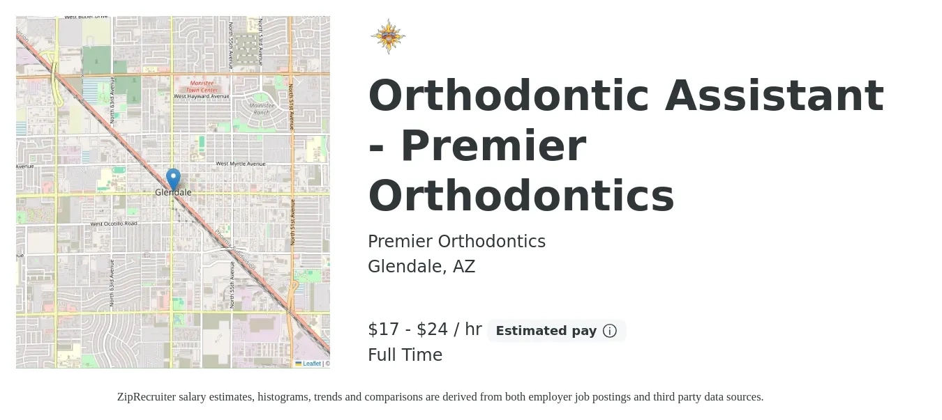 Premier Orthodontics job posting for a Orthodontic Assistant - Premier Orthodontics in Glendale, AZ with a salary of $18 to $25 Hourly with a map of Glendale location.