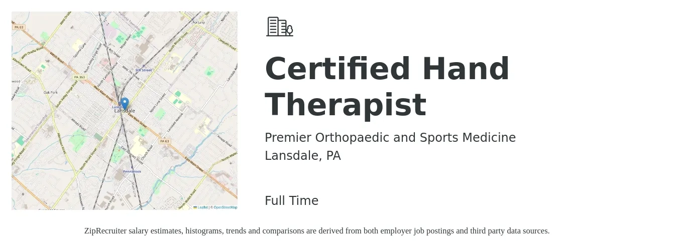 Premier Orthopaedic and Sports Medicine job posting for a Certified Hand Therapist in Lansdale, PA with a salary of $40 to $51 Hourly with a map of Lansdale location.