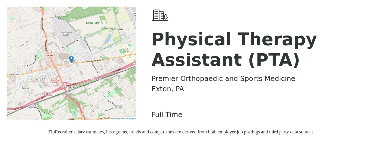 Premier Orthopaedic and Sports Medicine job posting for a Physical Therapy Assistant (PTA) in Exton, PA with a salary of $27 to $36 Hourly with a map of Exton location.