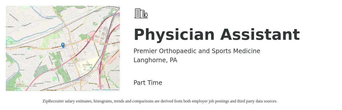 Premier Orthopaedic and Sports Medicine job posting for a Physician Assistant in Langhorne, PA with a salary of $94,400 to $127,900 Yearly with a map of Langhorne location.