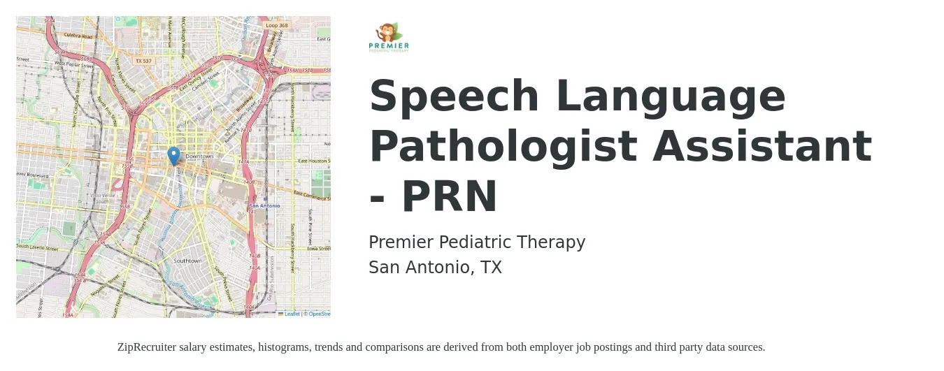 Premier Pediatric Therapy job posting for a Speech Language Pathologist Assistant - PRN in San Antonio, TX with a salary of $34 to $48 Hourly with a map of San Antonio location.