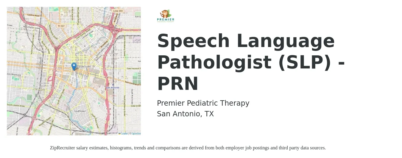 Premier Pediatric Therapy job posting for a Speech Language Pathologist (SLP) - PRN in San Antonio, TX with a salary of $36 to $51 Hourly with a map of San Antonio location.