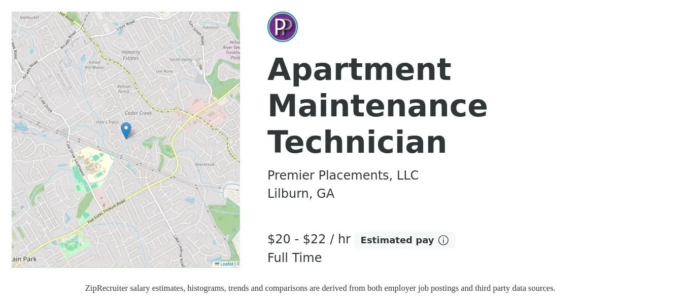 Premier Placements, LLC job posting for a Apartment Maintenance Technician in Lilburn, GA with a salary of $22 to $23 Hourly and benefits including retirement with a map of Lilburn location.
