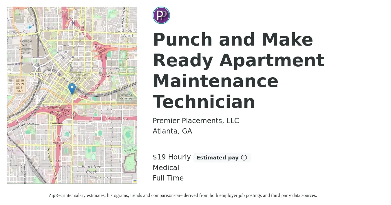 Premier Placements, LLC job posting for a Punch and Make Ready Apartment Maintenance Technician in Atlanta, GA with a salary of $20 to $23 Hourly and benefits including retirement with a map of Atlanta location.