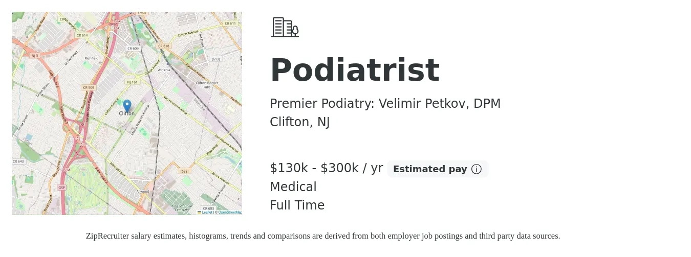 Premier Podiatry: Velimir Petkov, DPM job posting for a Podiatrist in Clifton, NJ with a salary of $130,000 to $300,000 Yearly and benefits including medical, pto, and retirement with a map of Clifton location.