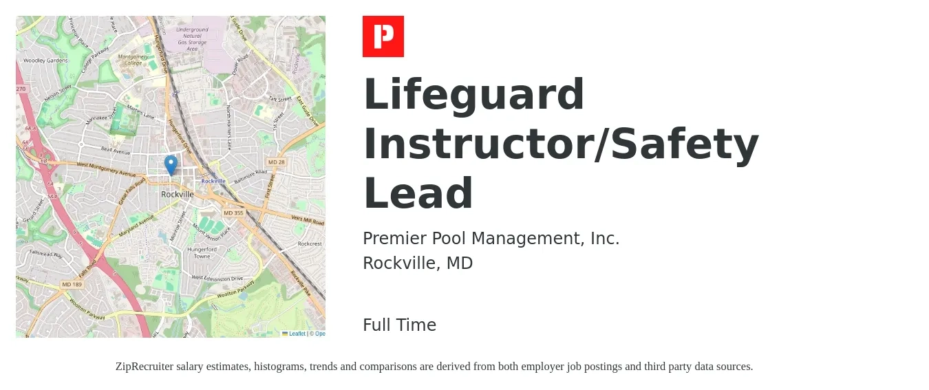 Premier Pool Management, Inc. job posting for a Lifeguard Instructor/Safety Lead in Rockville, MD with a salary of $14 to $18 Hourly with a map of Rockville location.
