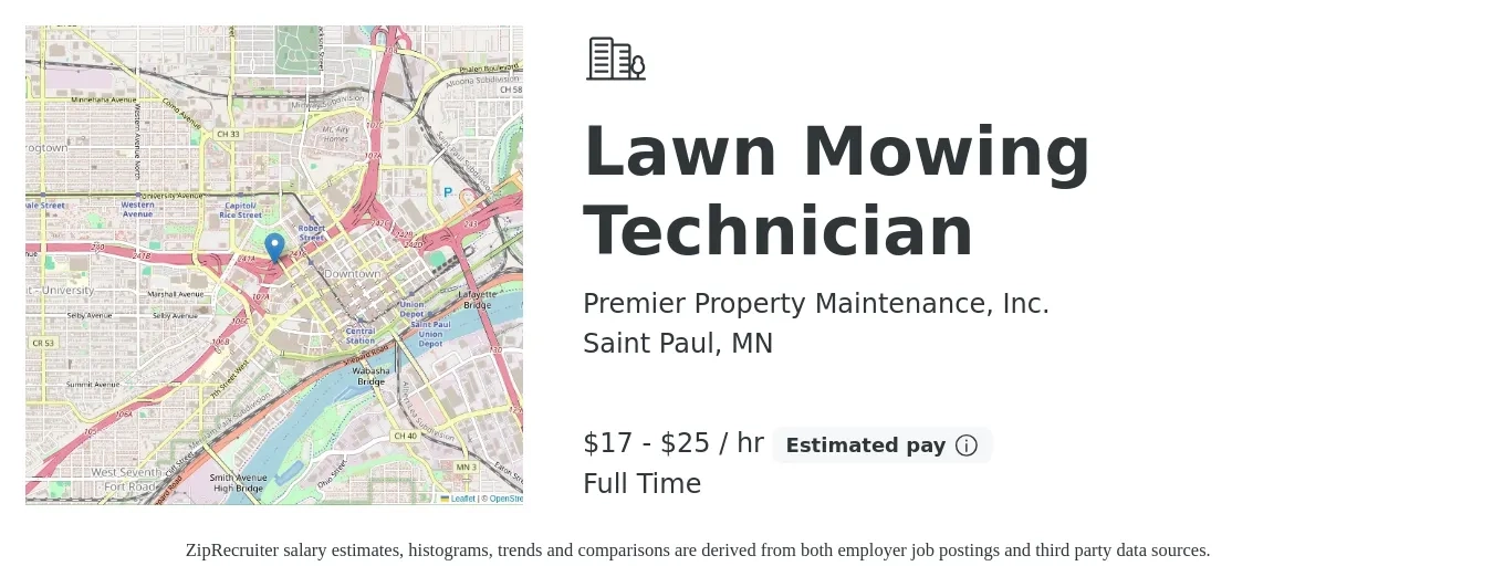 Premier Property Maintenance, Inc. job posting for a Lawn Mowing Technician in Saint Paul, MN with a salary of $18 to $26 Hourly with a map of Saint Paul location.