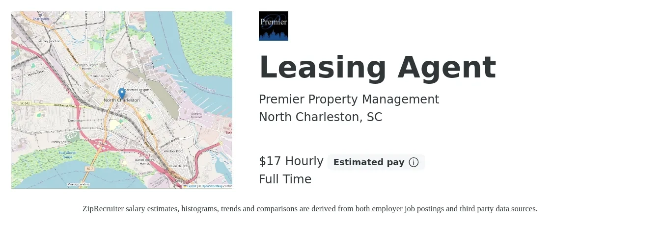 Premier Property Management job posting for a Leasing Agent in North Charleston, SC with a salary of $18 Hourly with a map of North Charleston location.