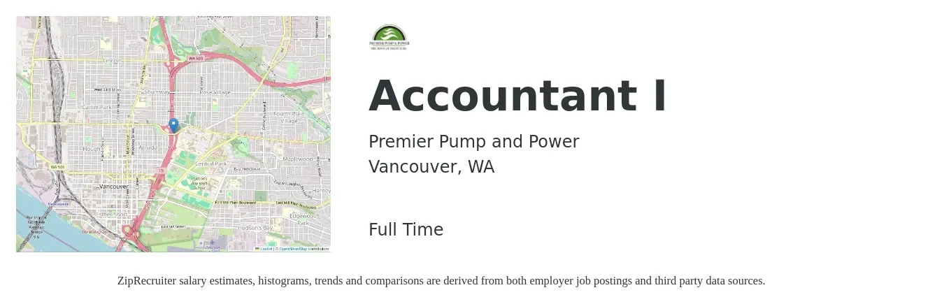 Premier Pump and Power job posting for a Accountant I in Vancouver, WA with a salary of $60,000 to $68,000 Yearly with a map of Vancouver location.