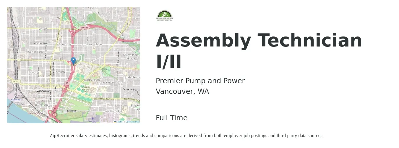 Premier Pump and Power job posting for a Assembly Technician I/II in Vancouver, WA with a salary of $18 to $23 Hourly with a map of Vancouver location.