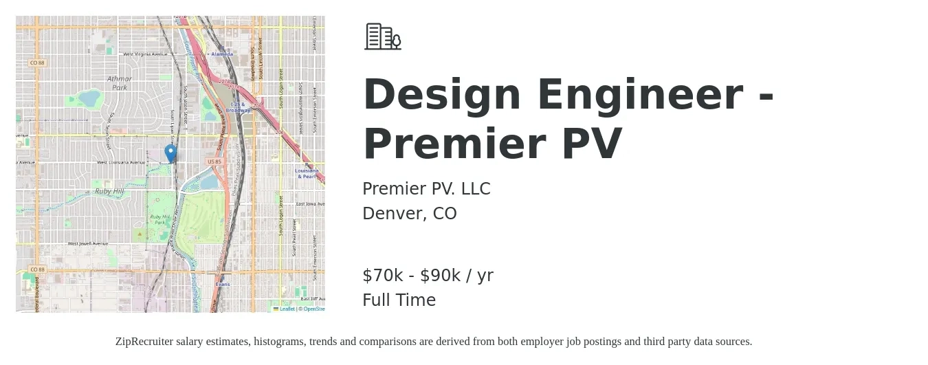 Premier PV. LLC job posting for a Design Engineer - Premier PV in Denver, CO with a salary of $70,000 to $90,000 Yearly with a map of Denver location.