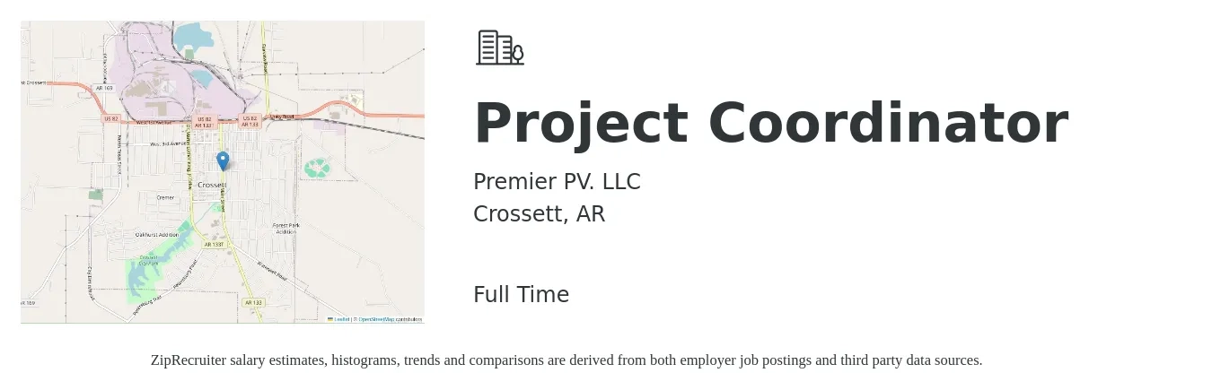 Premier PV. LLC job posting for a Project Coordinator in Crossett, AR with a salary of $20 to $29 Hourly with a map of Crossett location.
