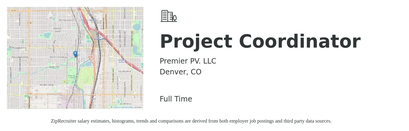 Premier PV. LLC job posting for a Project Coordinator in Denver, CO with a salary of $24 to $36 Hourly with a map of Denver location.