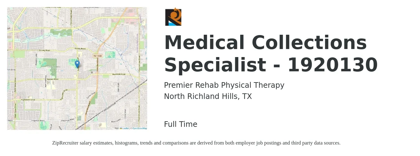 Premier Rehab Physical Therapy job posting for a Medical Collections Specialist - 1920130 in North Richland Hills, TX with a salary of $16 to $20 Hourly with a map of North Richland Hills location.