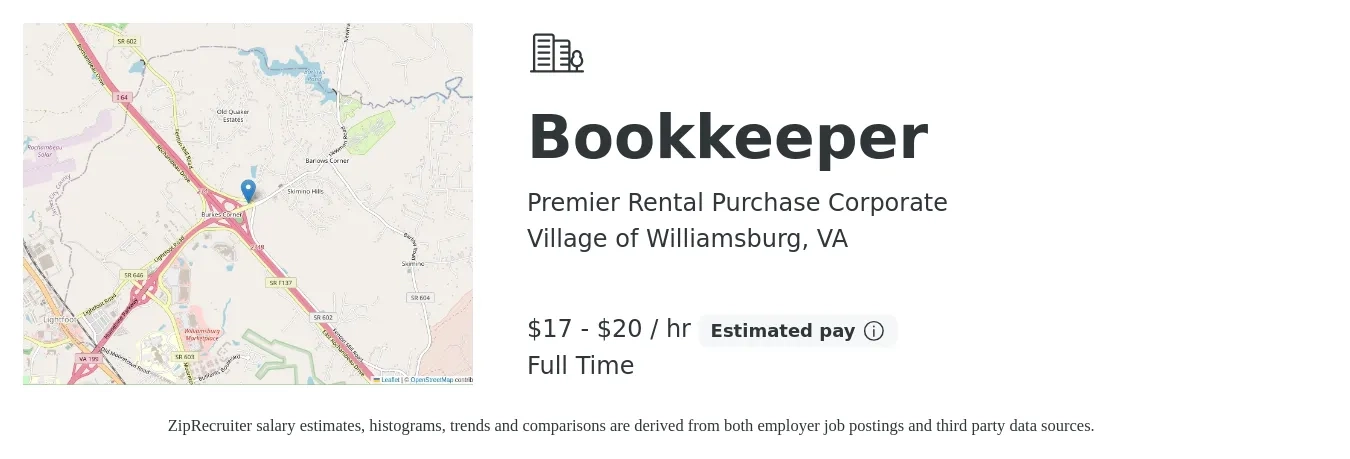 Premier Rental Purchase Corporate job posting for a Bookkeeper in Village of Williamsburg, VA with a salary of $18 to $21 Hourly with a map of Village of Williamsburg location.