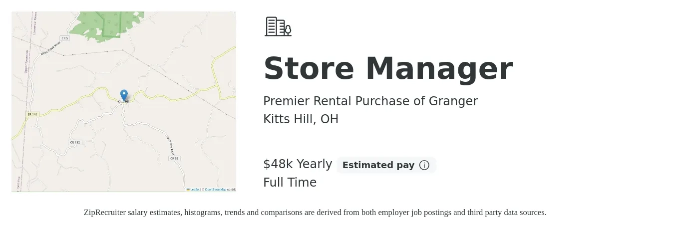 Premier Rental Purchase of Granger job posting for a Store Manager in Kitts Hill, OH with a salary of $48,000 Yearly with a map of Kitts Hill location.