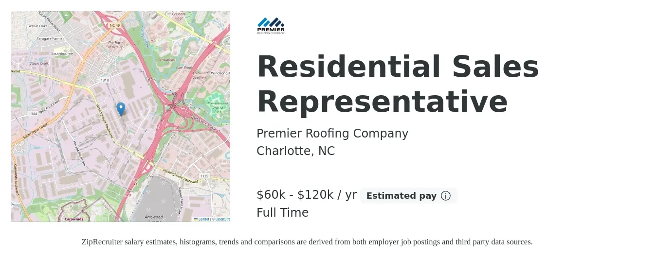 Premier Roofing Company job posting for a Residential Sales Representative in Charlotte, NC with a salary of $60,000 to $120,000 Yearly with a map of Charlotte location.