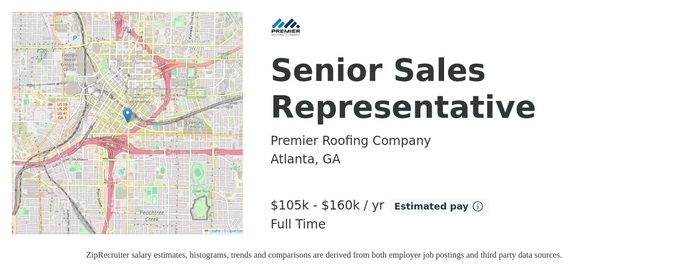 Premier Roofing Company job posting for a Senior Sales Representative in Atlanta, GA with a salary of $105,000 to $160,000 Yearly with a map of Atlanta location.
