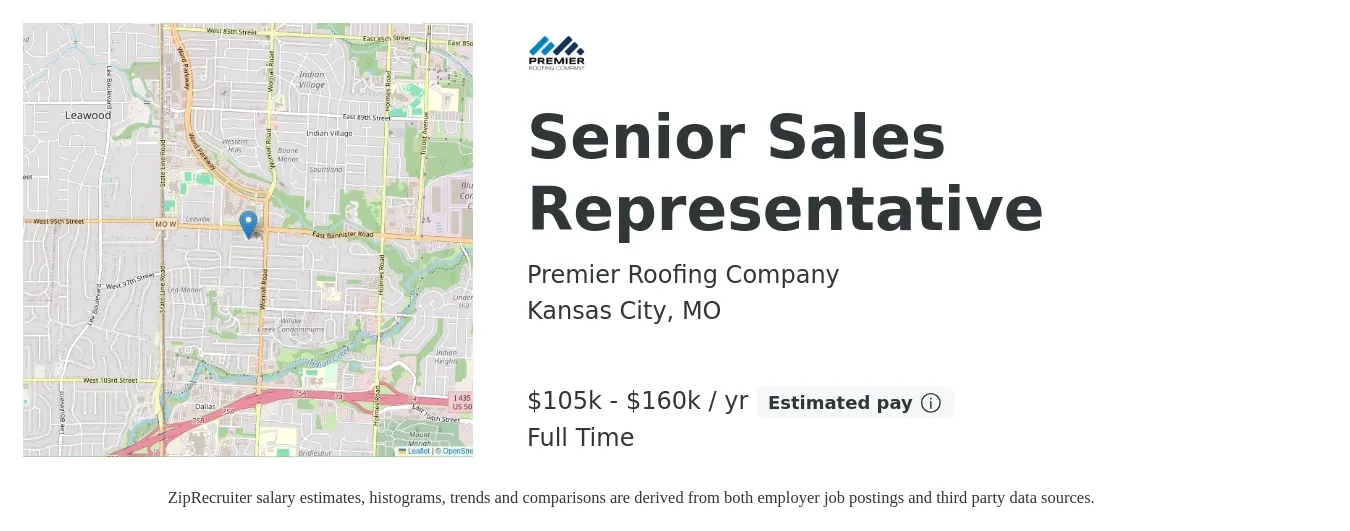 Premier Roofing Company job posting for a Senior Sales Representative in Kansas City, MO with a salary of $105,000 to $160,000 Yearly with a map of Kansas City location.