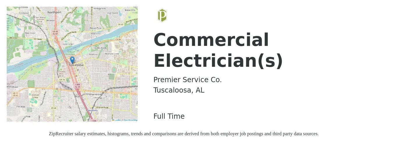 Premier Service Company, Inc. job posting for a Commercial Electrician(s) in Tuscaloosa, AL with a salary of $22 to $26 Hourly with a map of Tuscaloosa location.