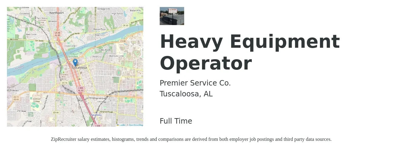 Premier Service Co. job posting for a Heavy Equipment Operator in Tuscaloosa, AL with a salary of $18 to $25 Hourly with a map of Tuscaloosa location.