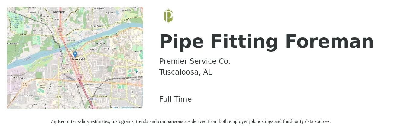 Premier Service Co. job posting for a Pipe Fitting Foreman in Tuscaloosa, AL with a salary of $26 to $36 Hourly with a map of Tuscaloosa location.