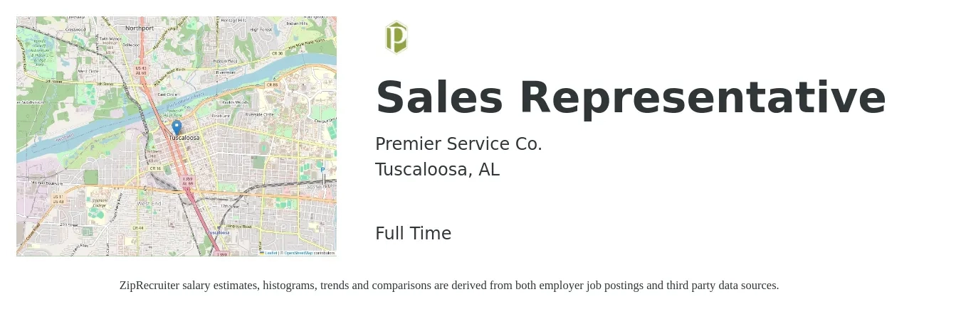 Premier Service Co. job posting for a Sales Representative in Tuscaloosa, AL with a salary of $47,900 to $83,300 Yearly with a map of Tuscaloosa location.