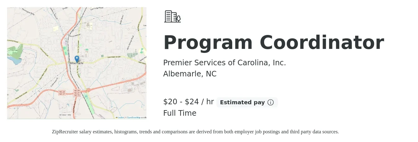 Premier Services of Carolina, Inc. job posting for a Program Coordinator in Albemarle, NC with a salary of $21 to $25 Hourly with a map of Albemarle location.