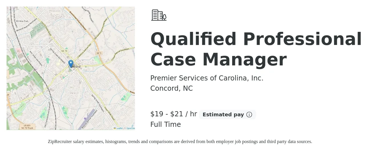 Premier Services of Carolina, Inc. job posting for a Qualified Professional Case Manager in Concord, NC with a salary of $20 to $22 Hourly with a map of Concord location.