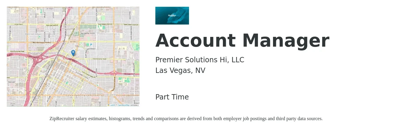 Premier Solutions Hi, LLC job posting for a Account Manager in Las Vegas, NV with a salary of $46,400 to $75,800 Yearly with a map of Las Vegas location.