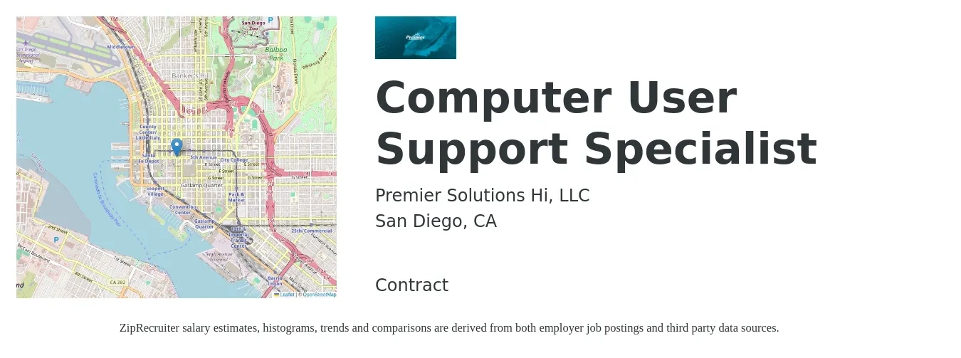 Premier Solutions Hi, LLC job posting for a Computer User Support Specialist in San Diego, CA with a salary of $24 to $33 Hourly with a map of San Diego location.