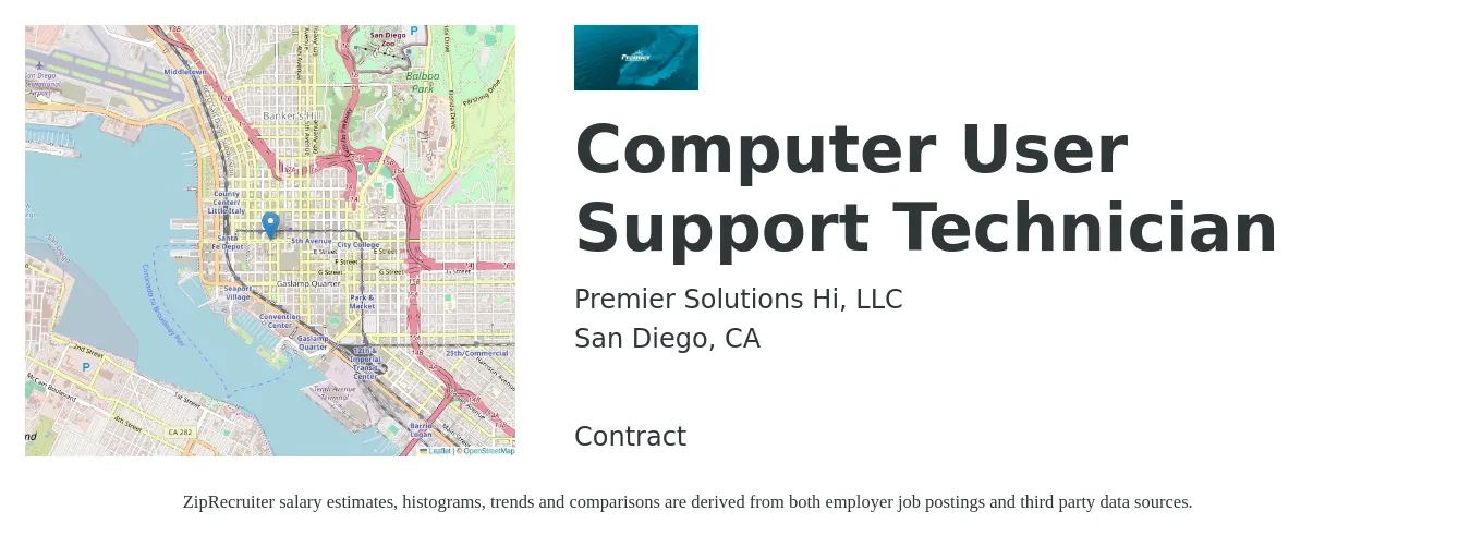 Premier Solutions Hi, LLC job posting for a Computer User Support Technician in San Diego, CA with a salary of $20 to $30 Hourly with a map of San Diego location.