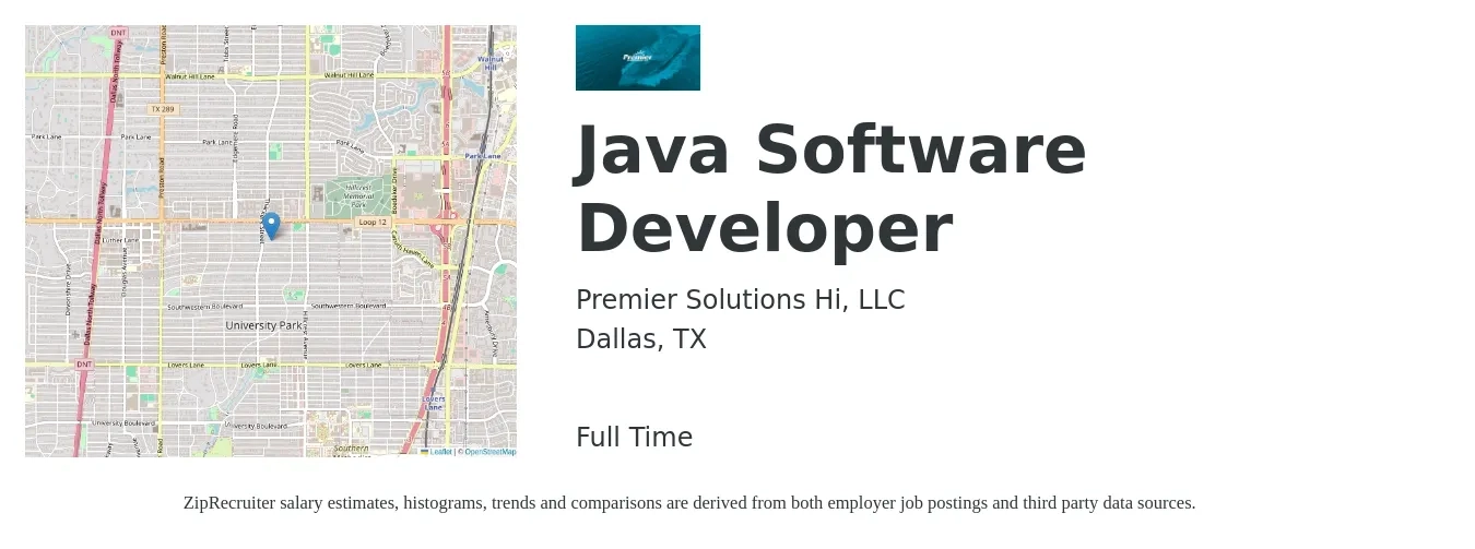 Premier Solutions Hi, LLC job posting for a Java Software Developer in Dallas, TX with a salary of $50 to $65 Hourly with a map of Dallas location.