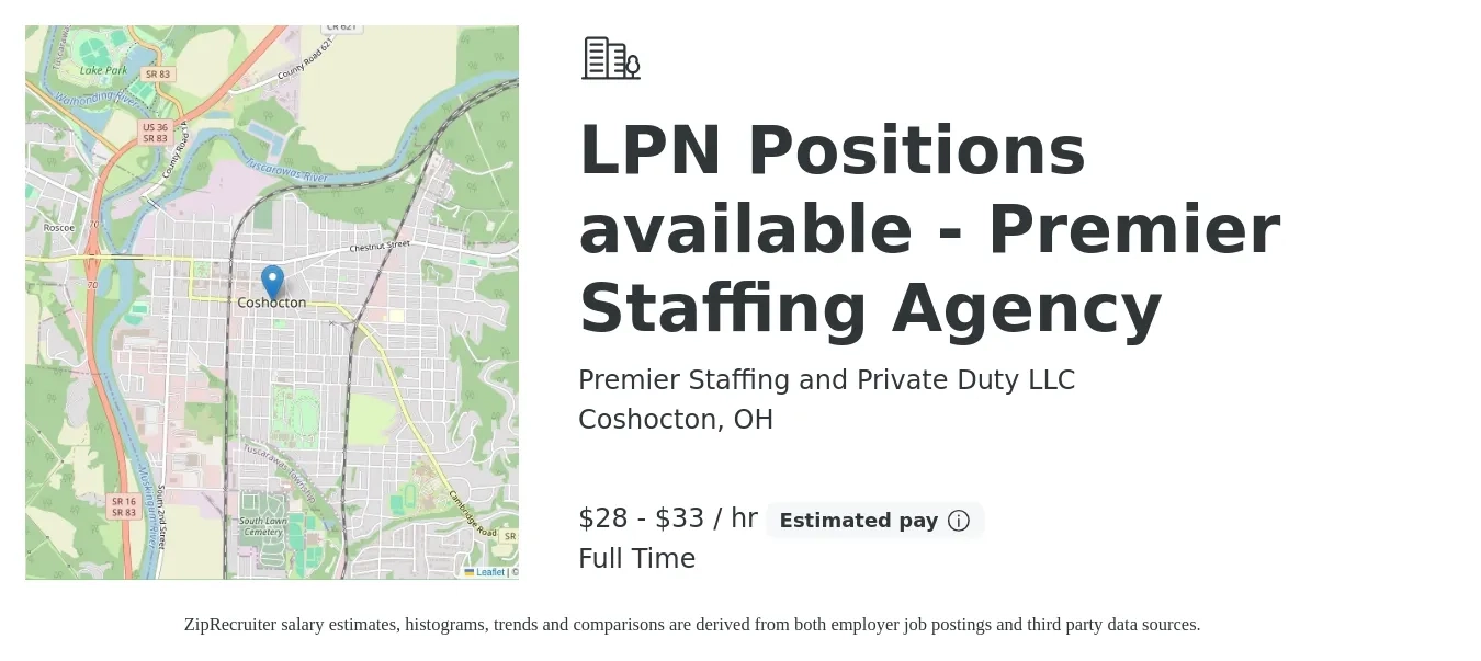 Premier Staffing and Private Duty LLC job posting for a LPN Positions available - Premier Staffing Agency in Coshocton, OH with a salary of $30 to $35 Hourly with a map of Coshocton location.
