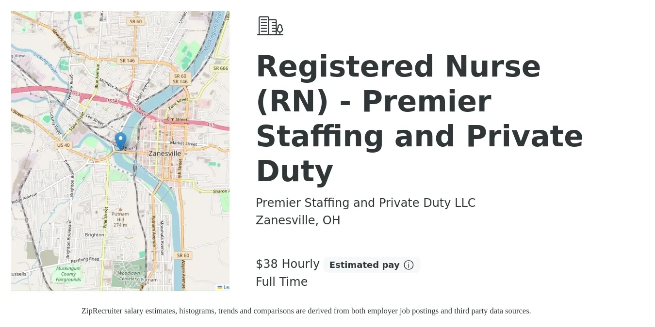 Premier Staffing and Private Duty LLC job posting for a Registered Nurse (RN) - Premier Staffing and Private Duty in Zanesville, OH with a salary of $40 Hourly with a map of Zanesville location.