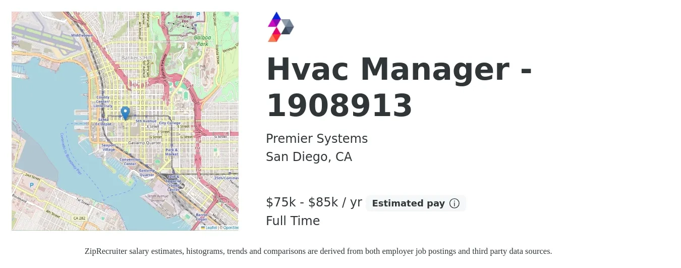 Premier Systems job posting for a Hvac Manager - 1908913 in San Diego, CA with a salary of $75,000 to $85,000 Yearly with a map of San Diego location.
