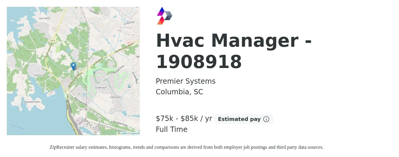 Premier Systems job posting for a Hvac Manager - 1908918 in Columbia, SC with a salary of $75,000 to $85,000 Yearly with a map of Columbia location.